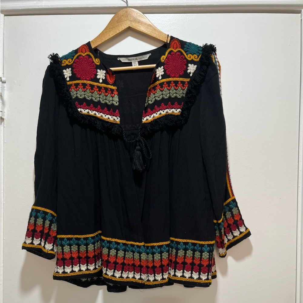 Zara Trafaluc Embroidered Bohemian Festival Open Front Jacket Black Medium
